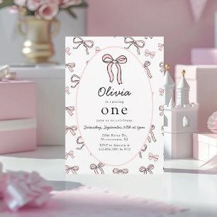Doodle Rosa Bow Första födelsedag Inbjudningar