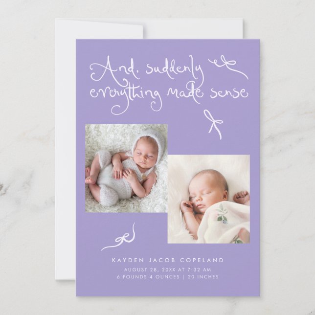 Doodle söta slingor Violett Foto Födelse Meddelande (Framsida)