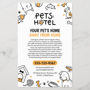 Doodle stil Pets Hotel / Pet Sitta Flygblad