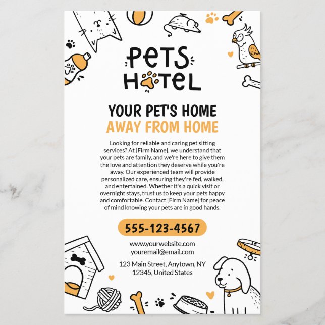 Doodle stil Pets Hotel / Pet Sitta Flygblad (Framsidan)