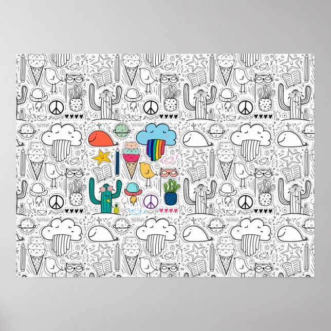 Doodle Teckning för färgning, katter, moln, kaktus Poster (Framsidan)