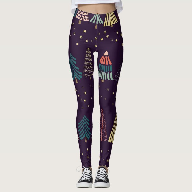 Doodle träd, stjärnor, mörk blått. leggings (Framsida)