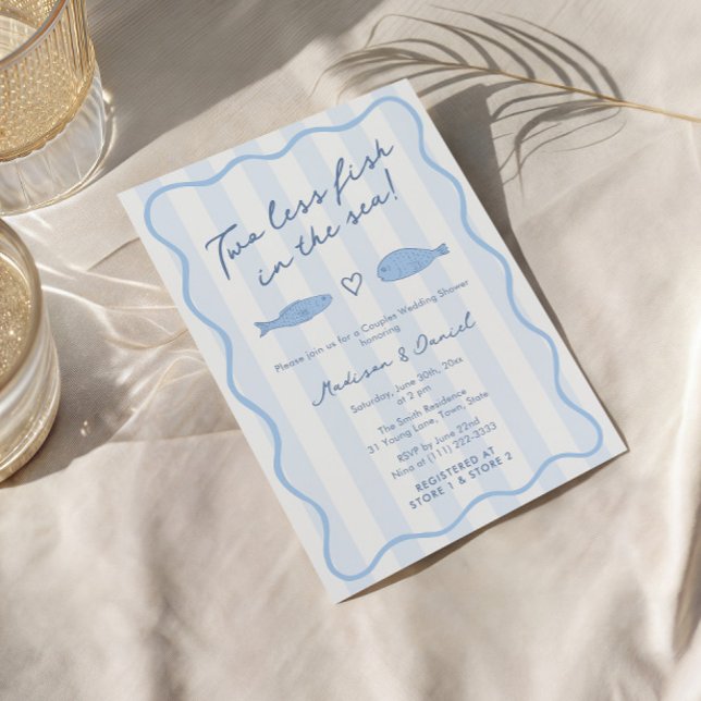 Doodle Två Mindre Fiskar I Havet Samkönat Bröllops Inbjudningar (Modern hand-drawn Two Less Fish In The Sea co-ed bridal shower invitation with handwritten font)