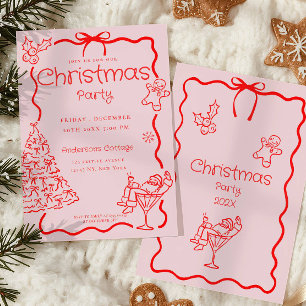 Doodle Whimsical Red Rosa jul Party Inbjudningar