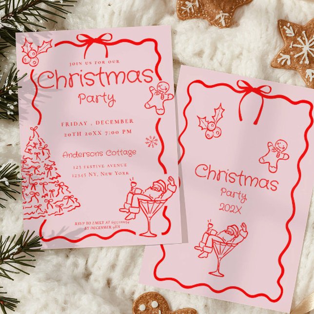 Doodle Whimsical Red Rosa jul Party Inbjudningar (Skapare uppladdad)