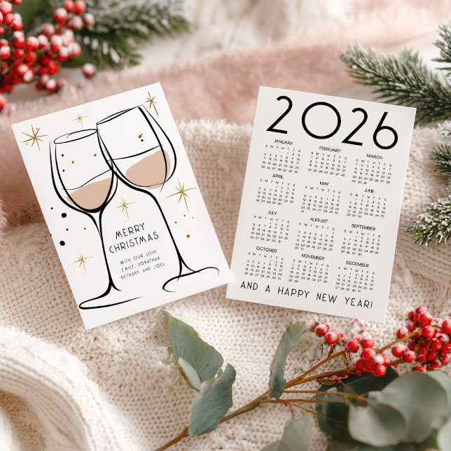 Doodle Wine Glasses 2026 Calendar Merry Christmas Julkort (Front and back view)