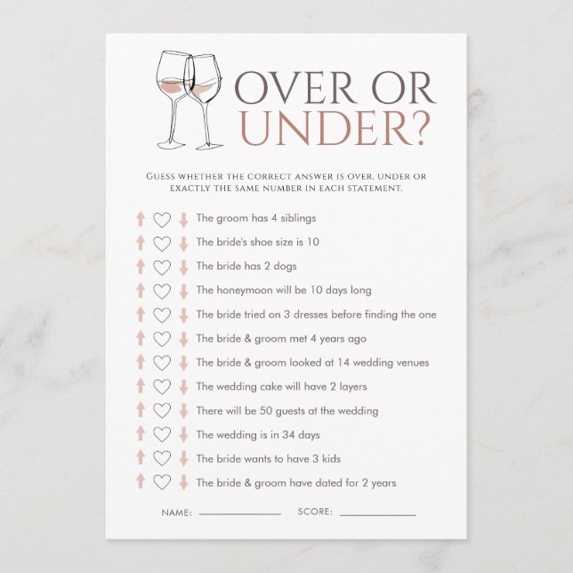 Doodle Wine Over or Under Bridal Shower Game Card Inbjudningar (Framsida)