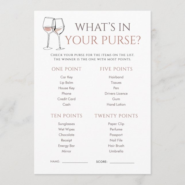 Doodle Wine Whats in Purse Bridal Shower Game Inbjudningar (Framsida)