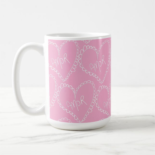 Doodles Black Hearts Valentines Day Pink Kaffemugg (Vänster)