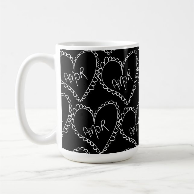 Doodles Black Hearts Valentines Day Pink Kaffemugg (Vänster)
