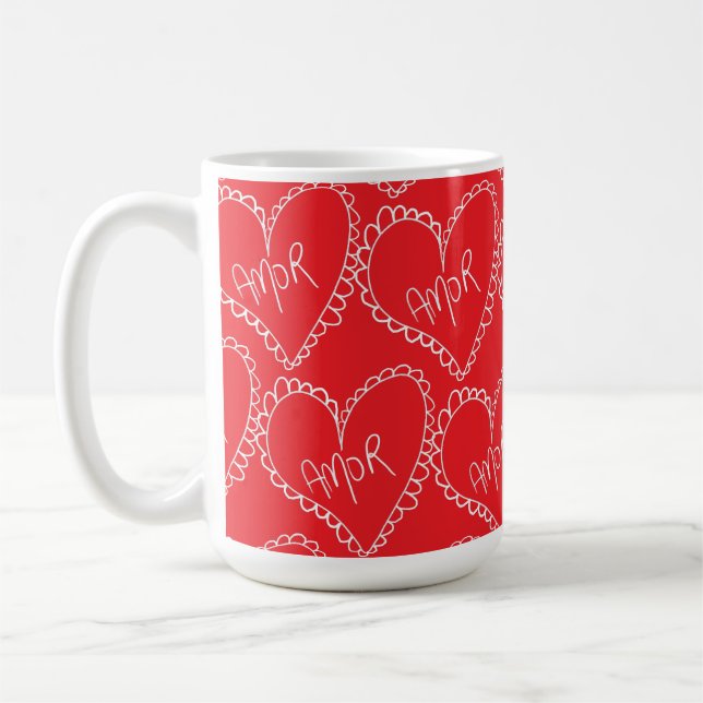 Doodles Black Hearts Valentines Day Pink Kaffemugg (Vänster)