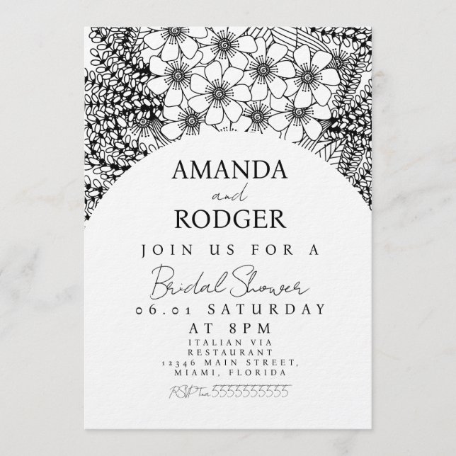 Doodles Florals Black White Bridal Shower Inbjudningar (Framsida)