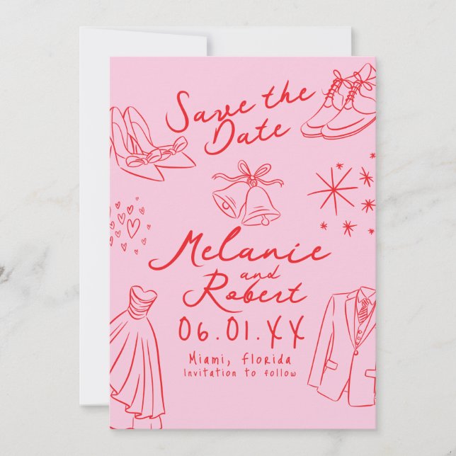 Doodles Hand Drawn Black White Groom Bride  Spara Datumet (Framsida)