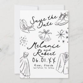 Doodles Hand Drawn Black White Groom Bride  Spara Datumet