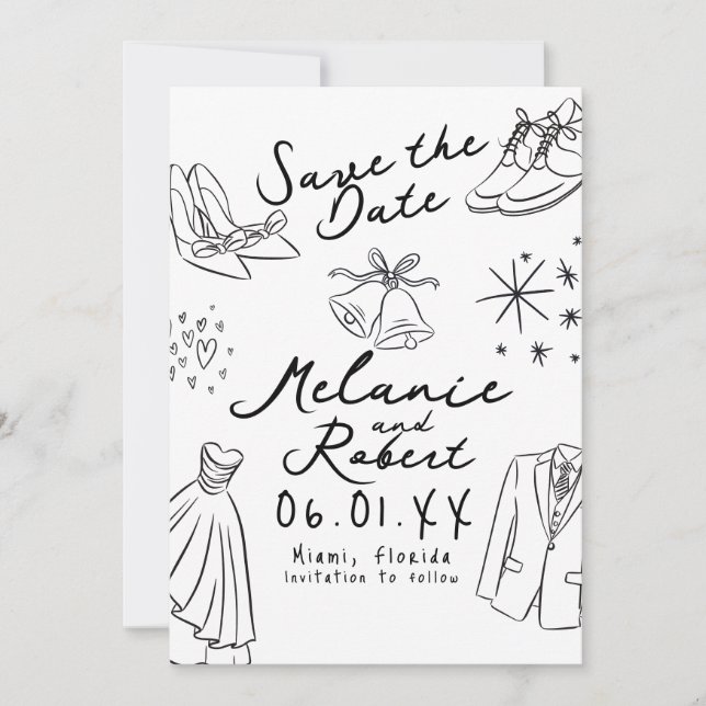 Doodles Handritade Svart Vitt Brud Groom  Spara Datumet (Framsida)