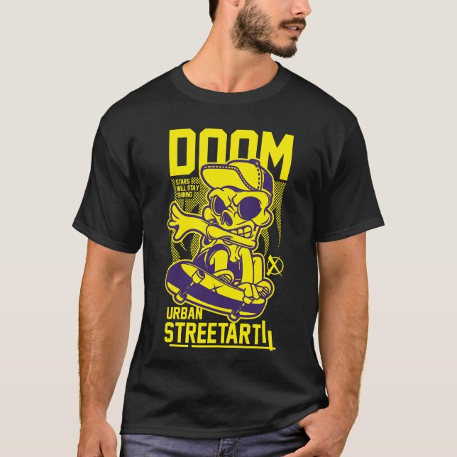 Doom Urban Streetart - Skeleton on Ski Board T Shirt (Framsida)