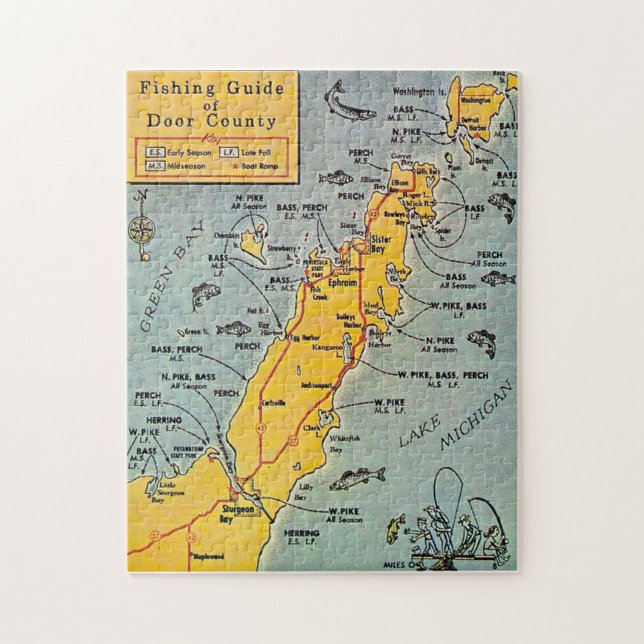 "Door County Fishing Map 11x14 Jigsaw Puzzle Pussel (Vertikal)
