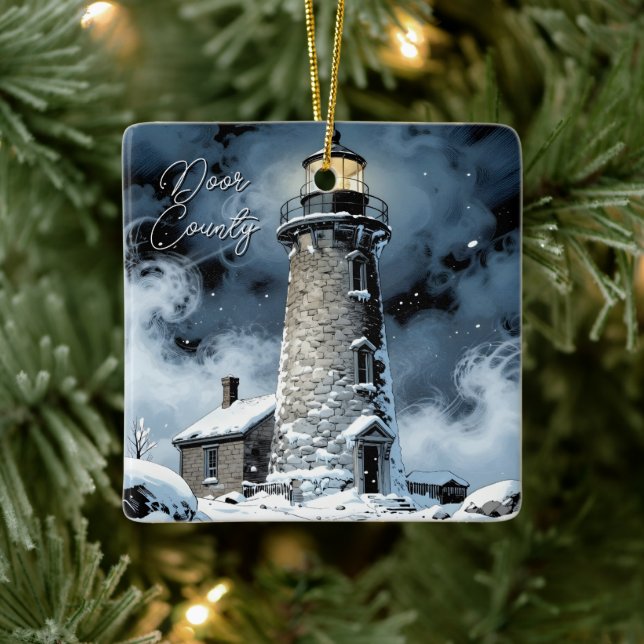 Door County, Wisconsin fyr i vinter Julgransprydnad Keramik (Träd)