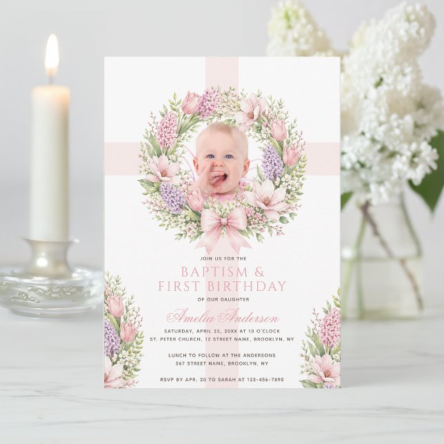 Dop 1-års födelsedags flicka Foto Rosa vårblommor Inbjudningar (Skapare uppladdad)