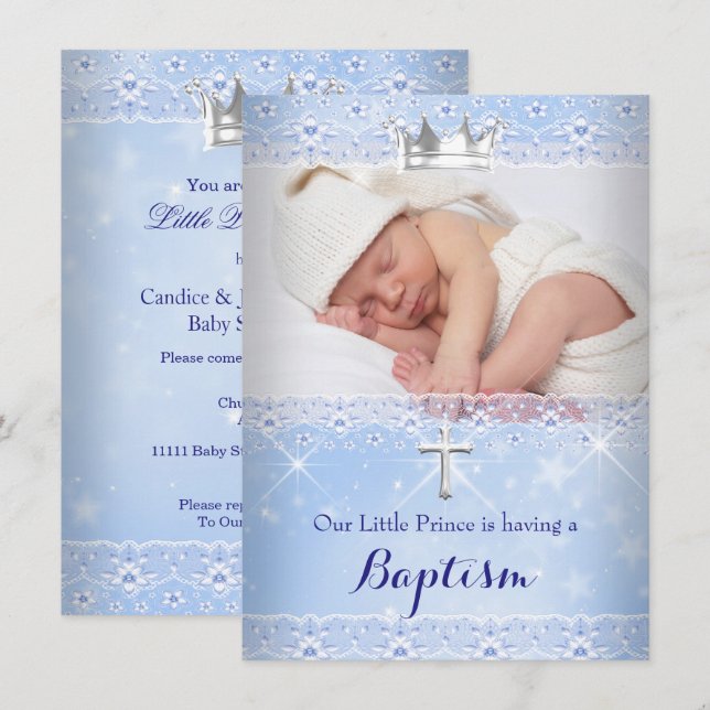 Dop Baby Foto av Pojke Blå Kronan Inbjudningar (Fram/baksida)