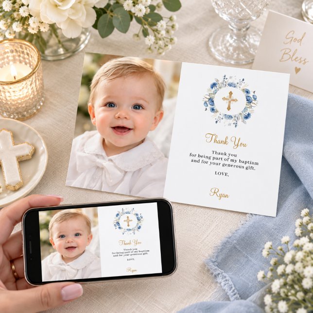 Dop blå blommig tackkort för foto inbjudningar (Skapare uppladdad)