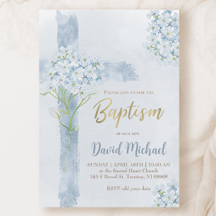 Dop blå vattenfärg Hortensia blommor kors Inbjudningar