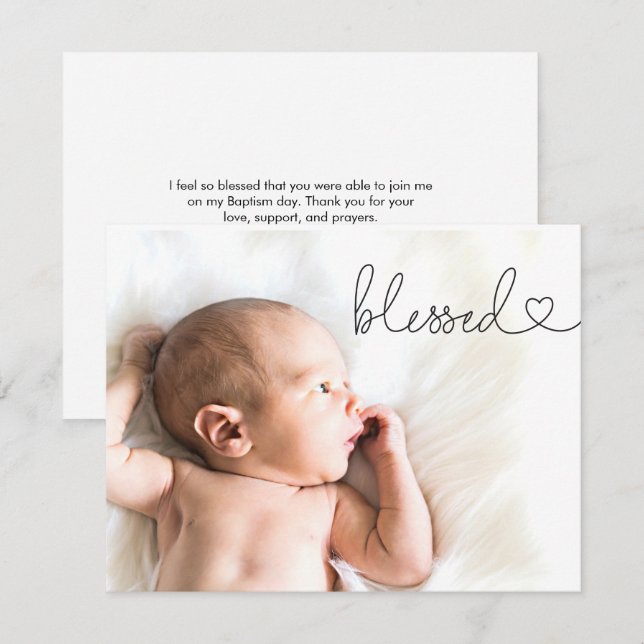 Dop Blessed Heart Script Minimal Foto baby  Tack Kort (Fram/baksida)