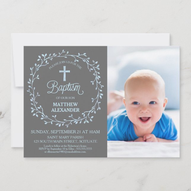 Dop Christeningfotoinbjudan, pojkeinbjudan Inbjudningar (Framsida)