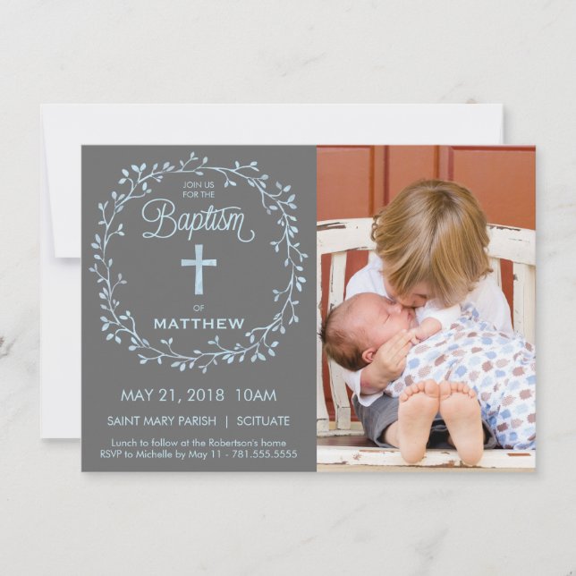 Dop Christeningfotoinbjudan, pojkeinbjudan Inbjudningar (Framsida)