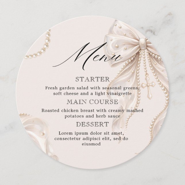 Dop Coquette Beige Slöja och Pärlor Meny (Framsida)