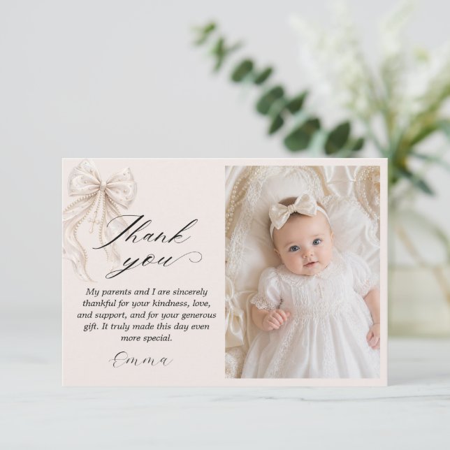 Dop Coquette Bow med Pärla Foto Platt Tack Kort (Stående Fram)