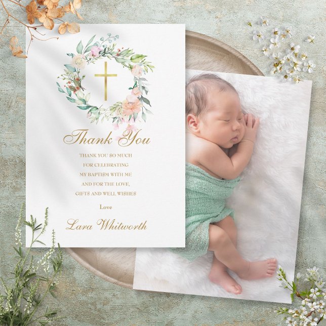 Dop Dop Fotografi Rosor Blommig Guld Tack Kort (Baptism Christening Photo Roses Floral Gold Thank You Card)