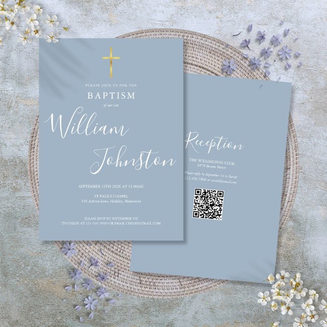 Dop Dop Guldkors Damblå QR-kod Inbjudningar (Baptism Christening Gold Cross Dusty Blue QR Code Invitation)