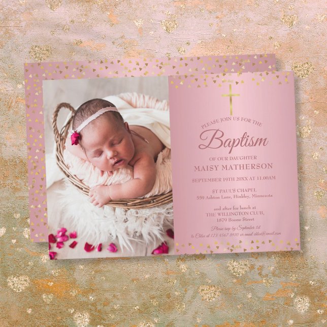 Dop Dop Rose Guld Hjärtan Foto Inbjudningar (Baptism Christening Rose Gold Hearts Photo Invitation)