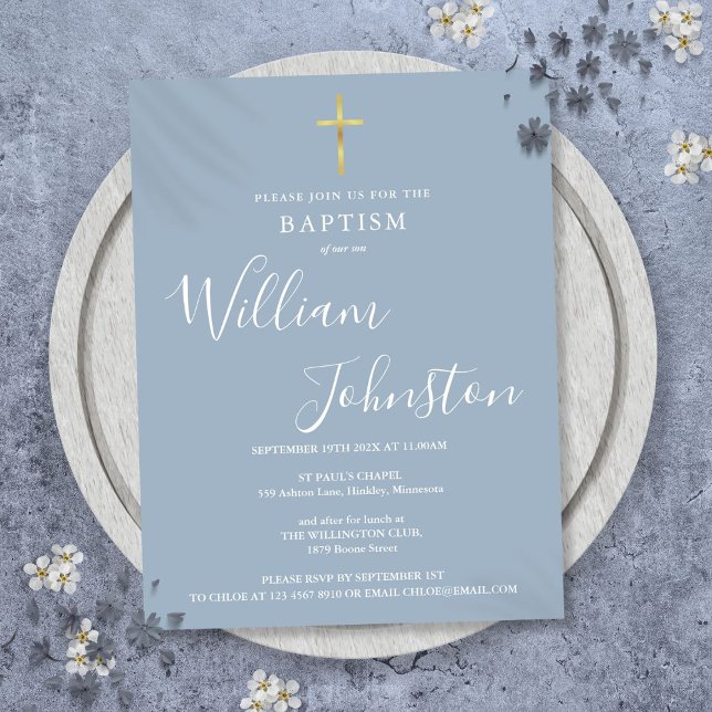 Dop Dopfattning Dammblå Inbjudan (Baptism Christening Dusty Blue Invitation Postcard)
