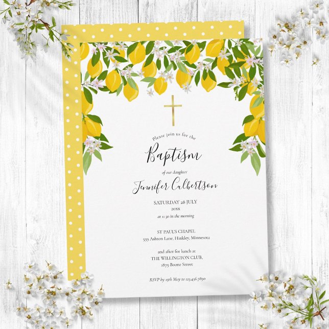 Dop Dopfest Citroner Blommig Elegant Modern Inbjudningar (Baptism Christening Lemons Floral Elegant Modern Invitation)