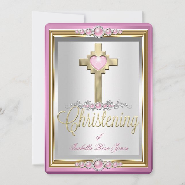 Dop Dopfest Flicka Kors Rosa Pärl 2 Inbjudningar (Framsida)