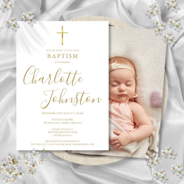 Dop Dopfest Guld Signatur Skript Foto Inbjudningar (Baptism Christening Golden Signature Script Photo Invitation)