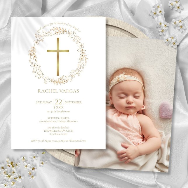 Dop Dopfest Guldkors Blommig Foto Inbjudningar (Baptism Christening Gold Cross Floral Photo Invitation)