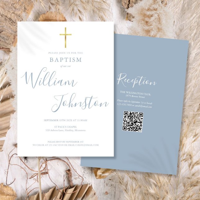 Dop Dopfest Guldkors Damblå QR-kod Inbjudningar (Baptism Christening Gold Cross Dusty Blue QR Code Invitation)