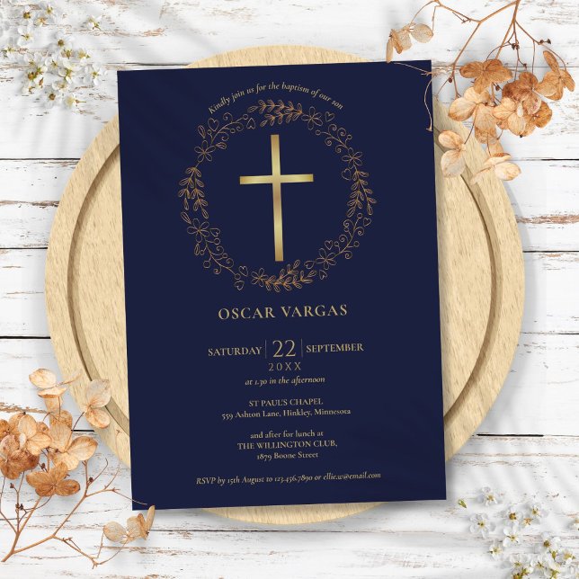 Dop Dopfest Navyblå Guld Kors Blommig Inbjudningar (Baptism Christening Navy Blue Gold Cross Floral Invitation)