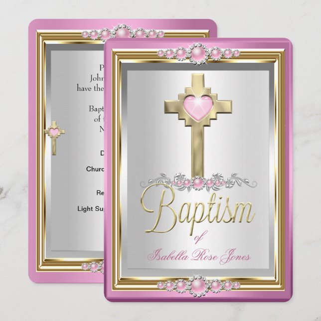 Dop Dopflicka Kors Rosa Pärlor Inbjudningar (Fram/baksida)