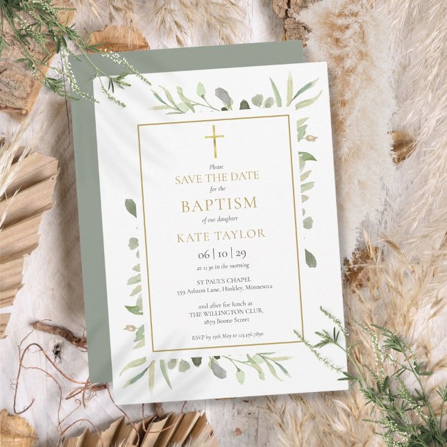 Dop Dopförrättning Akvarell Grönska Spara Datumet (Baptism Christening Watercolor Greenery Save The Date)