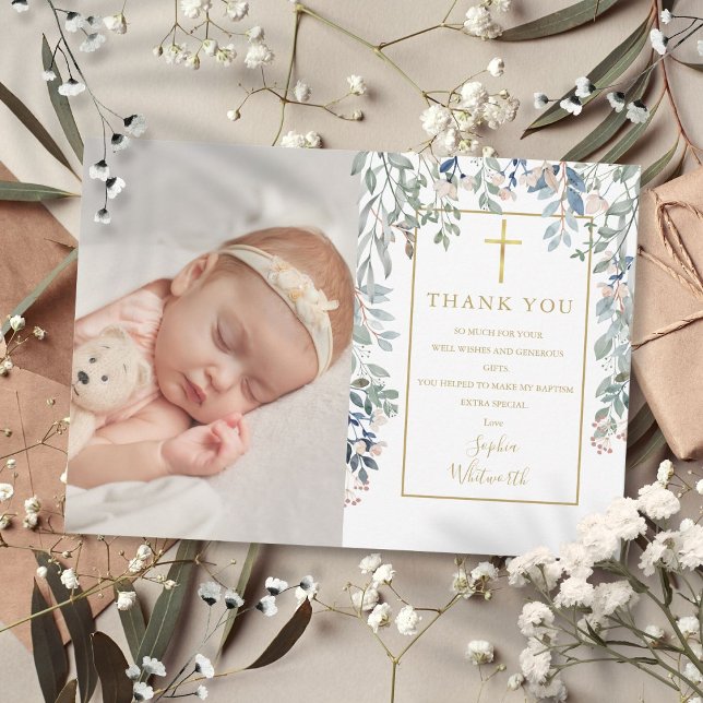 Dop Dopförrättning Blommig Bladverk Foto Guld Tack Kort (Baptism Christening Floral Foliage Photo Gold Thank You Card)
