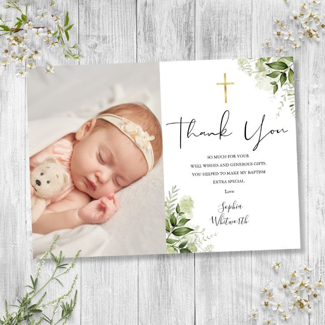 Dop Dopförrättning Grönska Foto Manus Tack Kort (Baptism Christening Greenery Photo Script Thank You Card)