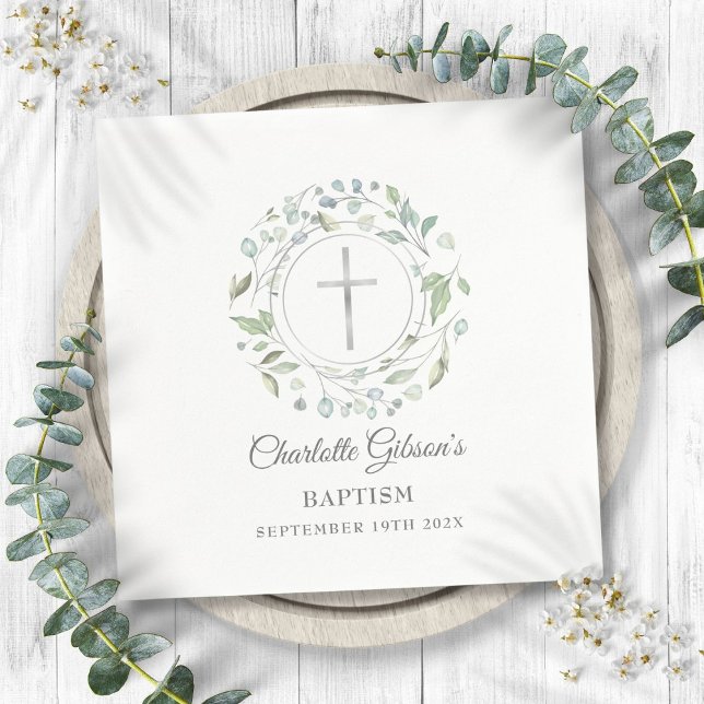 Dop Dopförrättning Lagerblad Blommig Silverkors Pappersservett (Baptism Christening Laurel Floral Silver Cross Napkins)