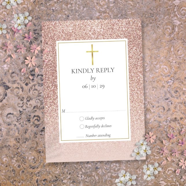 Dop Dopp Dagning Rosa Guld OSA Kort (Baptism Christening First Holy Communion Rose Gold RSVP Card)