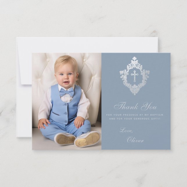 Dop Dusty Blue Crest Kors Elegant Pojke Foto Tack Kort (Framsida)