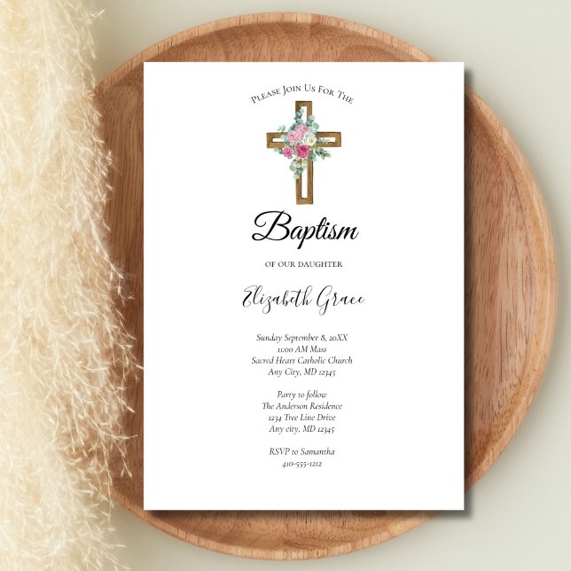 Dop eller kristnings Kors med Rosa Blommor Inbjudningar (Wooden Cross with flowers Baptism Christening Invitation. Printed or Digital download)
