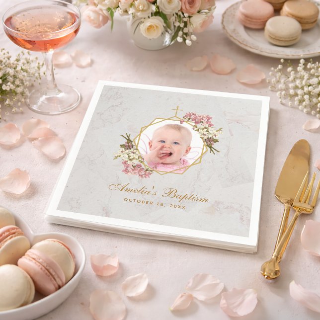Dop Flicka Foto Marmor Rosa Orkidéer Guld Blommig Pappersservett (Skapare uppladdad)